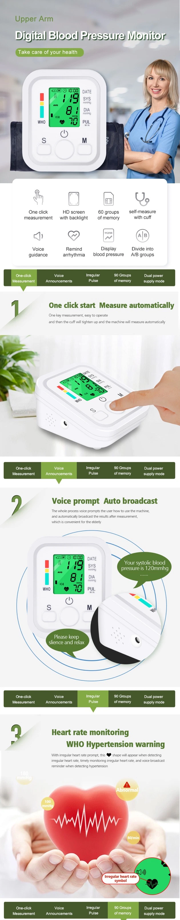 High Automatic Upper Arm Electronic Sphygmomanometer Smart Digital Medical Arm Blood Pressure Monitor